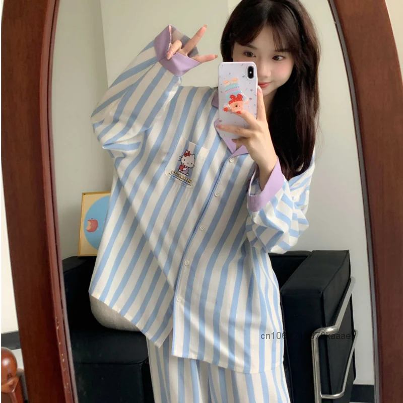 Sanrio Hello Kitty Cute Sweet Y2k Girl Striped Sleepwear Women Spring Autumn New Loose Pajamas Korean Style Trend Home Suit Set