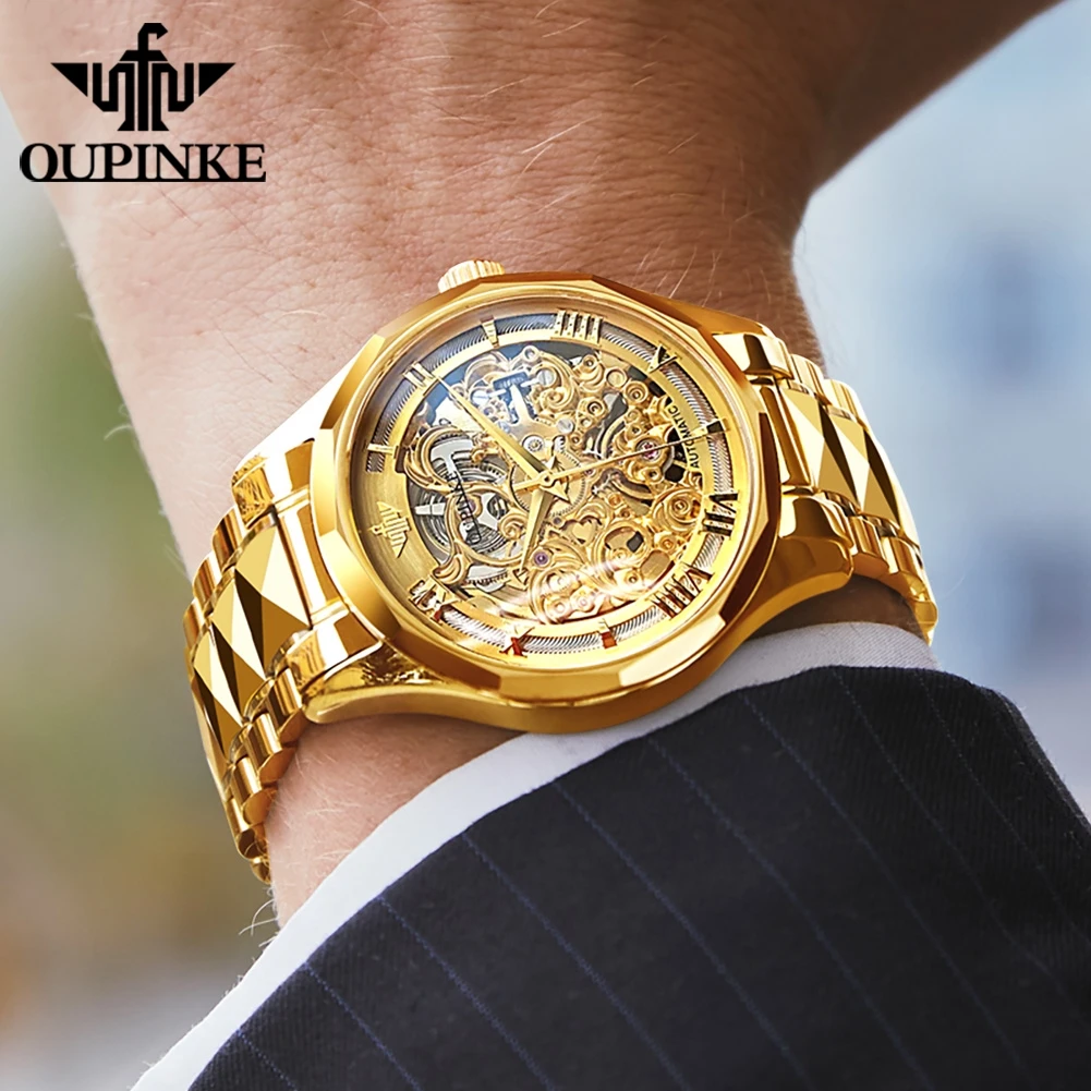 OUPINKE 3168 Gold Men Automatic Tourbillon Mechanical Watch Top Luxury Swiss Brand Tungsten Steel Hollow Men Watch Montre Homme