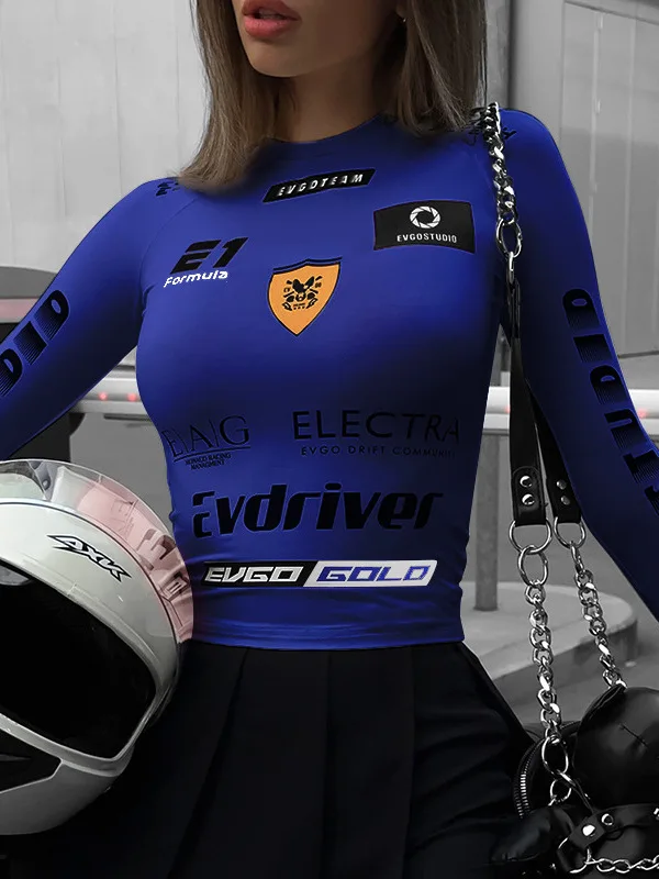 

Spicy Girl Slim Fit Motorcycle Sport Long Sve Top Women's Street Sle Printed T-irt Thiened Autumn Winter Faion