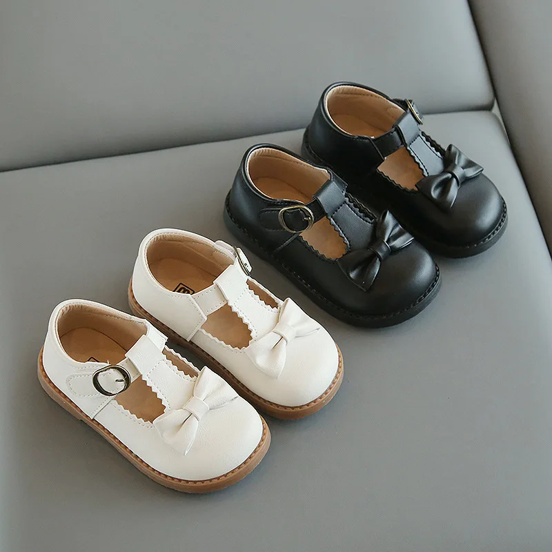 Girls PU Leather Shoes Spring Autumn Kids Oxfords For Girl T-strap Cute Bow-knot Children Casual Dress Shoes Black, White