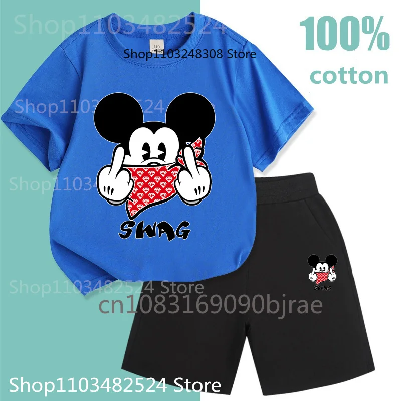 Fashion Kid Disney Mikey Mikey House Mickey Pattern Print Summer T-shirt 100% Cotton Sets Boy O-Neck Short Sleeve Girl Cute Sets