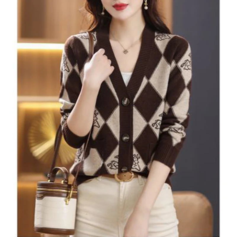 2023 donne Trendy Argyle maglione lavorato a maglia autunno inverno coreano Chic monopetto Cardigan scollo a V manica lunga sciolto top maglione