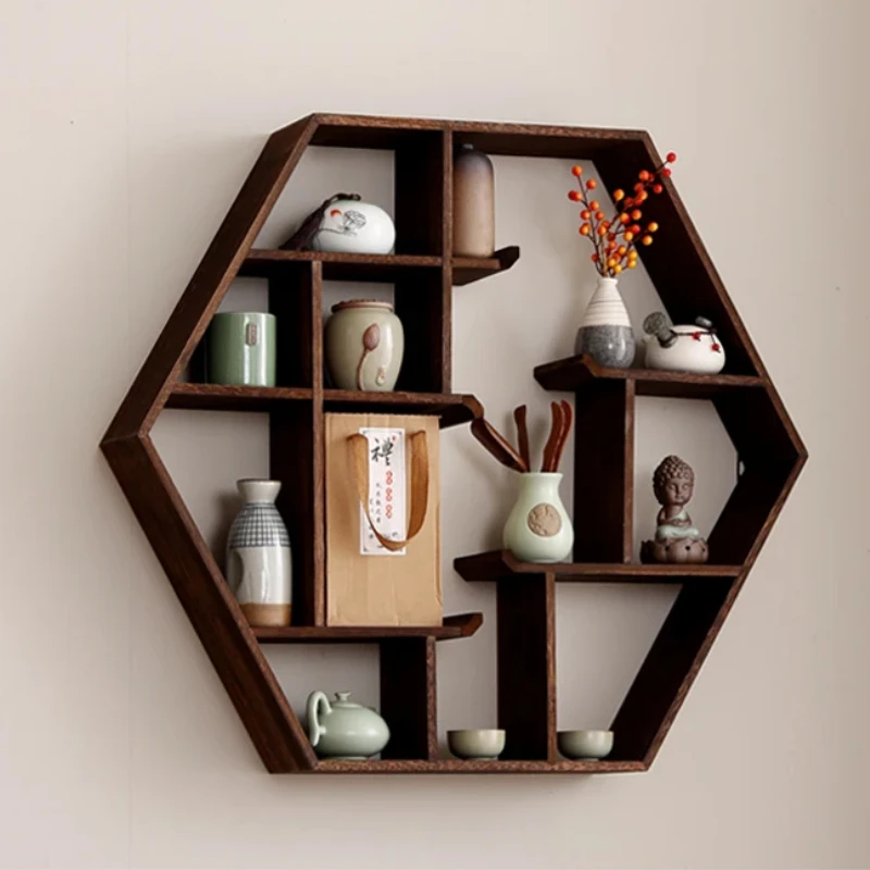 

Wooden Wall Mount Curio Shelf Modern Chinese Style Multi-Layer Display Rack for Tea Pots Home Office Decoration Storage Rack