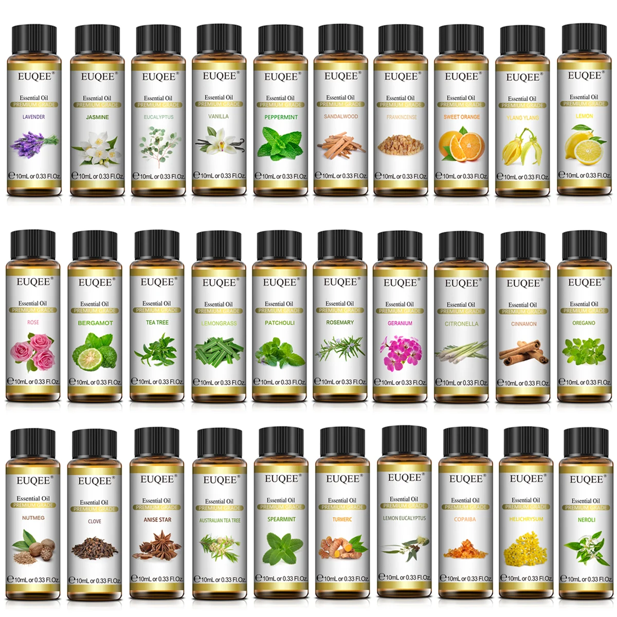 EUQEE 10ml Pure Natural Essential Oil Lavender Jasmine Eucalyptus Vanilla Sandalwood Sweet Orange Lemon Oregano Neroli Fragrance