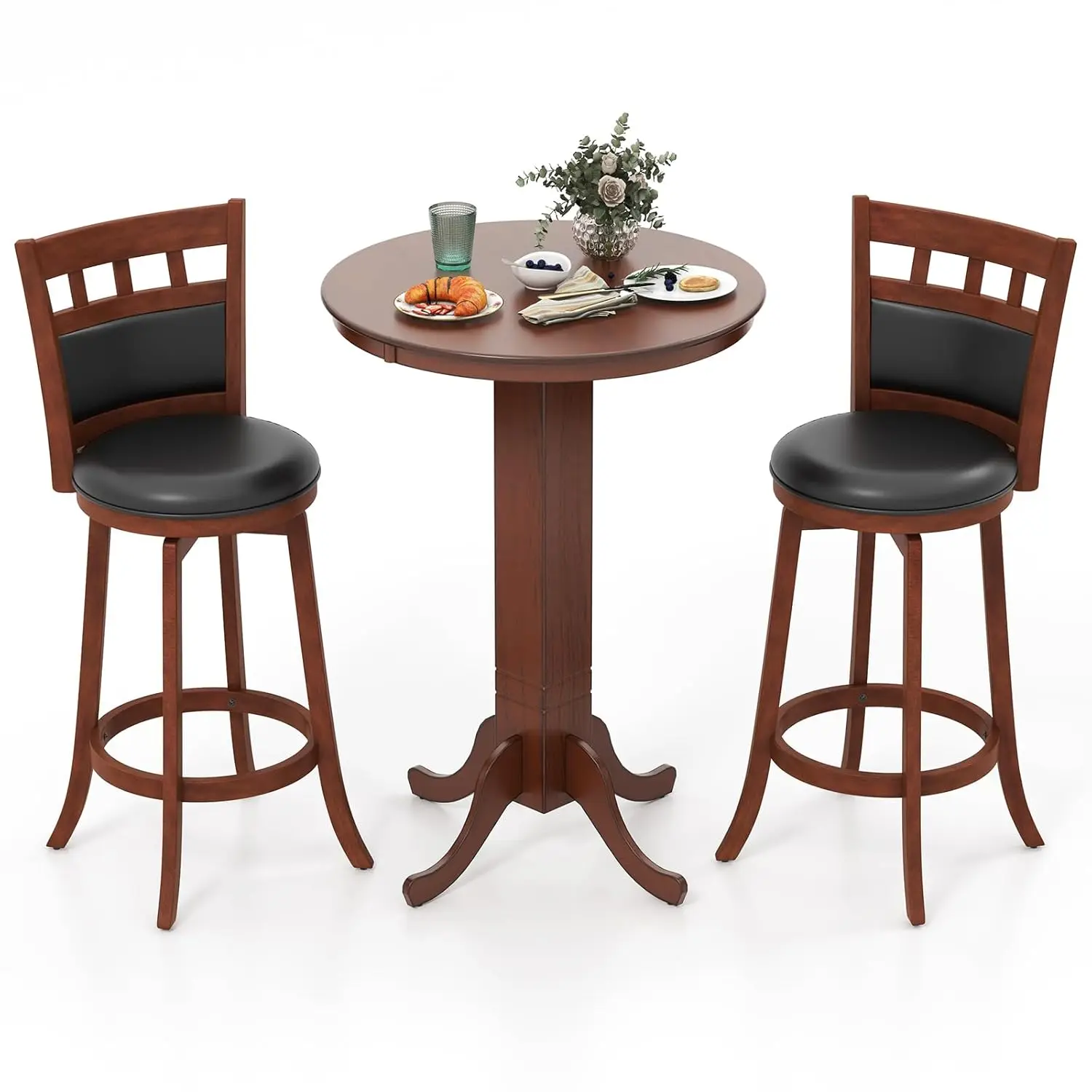 

3-Piece Bar Table & Swivel Stools Set Rubber Wood Frame Round Kitchen Dining Living Restaurant Bar, Customized