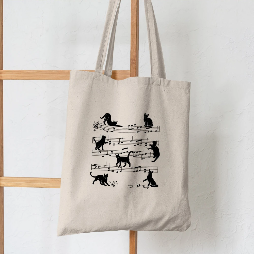 Cute Cat Music Note Canvas Tote Bag, Kitten Playing Sheet Music Print Reusable Shoulder Bag,Cat & Music Lovers Gift
