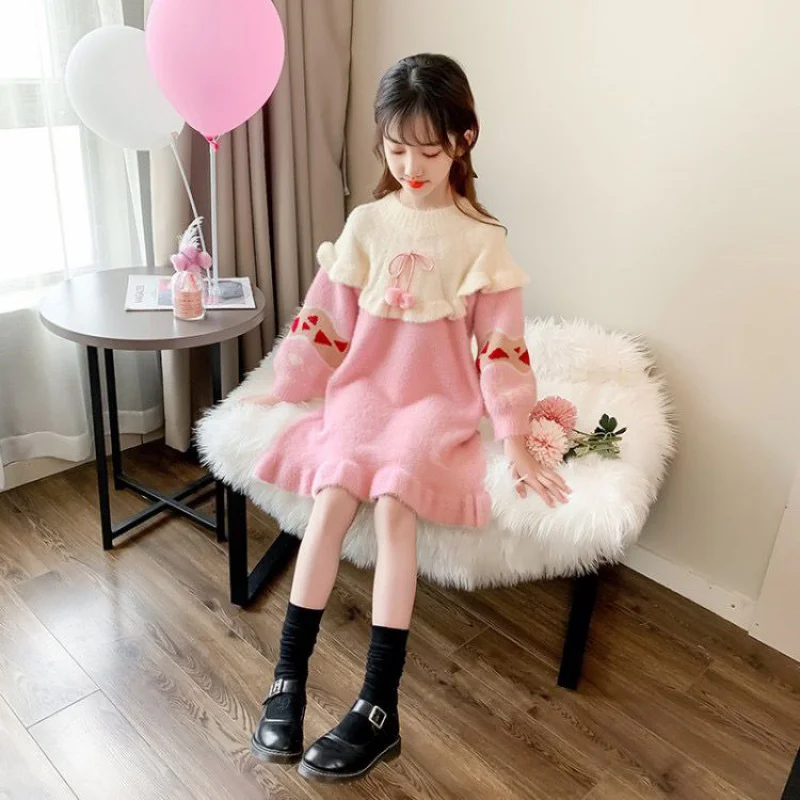 

Girls' Crew Neck Pullover Sweater Skirt Dress 2024 New Western Medium and Big Children Korean Style Thick Fashion