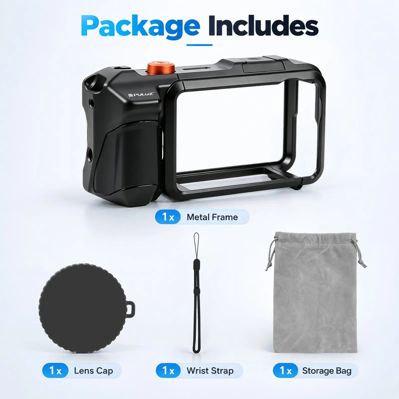 PULUZ Handle Grip Camera Cage For DJI Osmo Action 5 Pro/4/3,Metal Camera Grip Handle Bracket &Handle Grip & Lens Cap &Cold Shoes