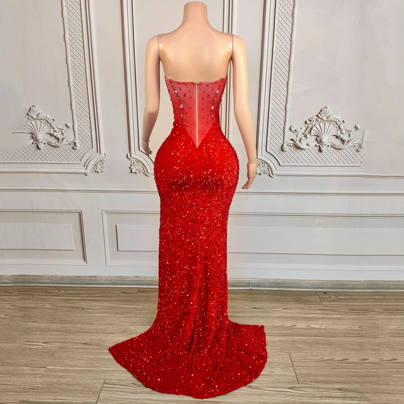 Red Sequins Rhinestones Celebrate Dress Women Singer Party Trailing Dresses Wedding Evening Gown Stage Catwalk Costume XS9530