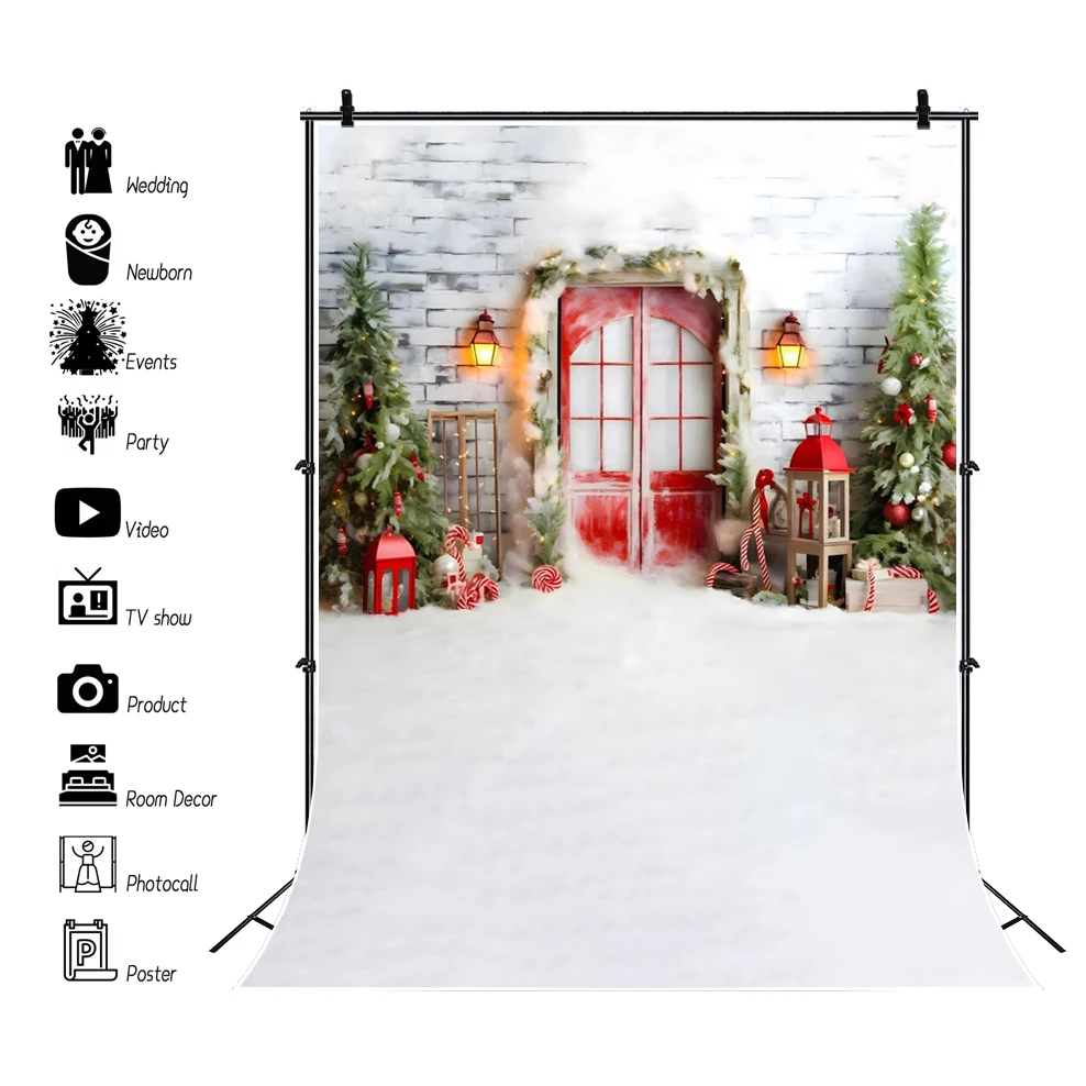

White Brick Wall Christmas Photography Background Winter Door Xmas Pine Tree Gift Decor Kids Birthday Photo Backdrop Prop