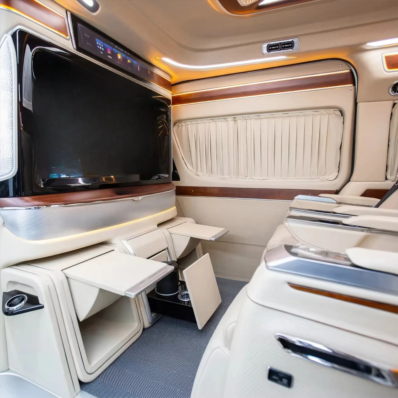 HiAce Grand Cabin Luxury VIP Custom Interior Rear Captain Seats Starlight Ceiling Wood Trim LED Ambient Lighting Premium