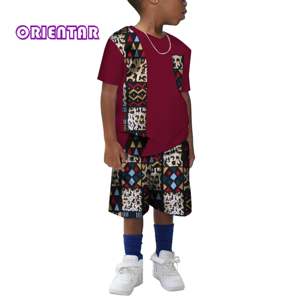 Vêtements africains en coton imprimé pour enfants, chemise à manches courtes Dashiki et pantalon court pour garçons, ensemble de 2 pièces, WYT214