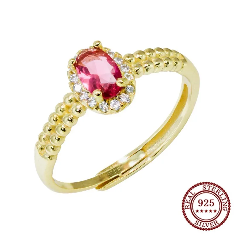 

Ins Wind Japanese Vintage Ring Set with Pigeon Blood Red Zircon Round Beads, Light Luxury 925 Silver Adjustable Ring