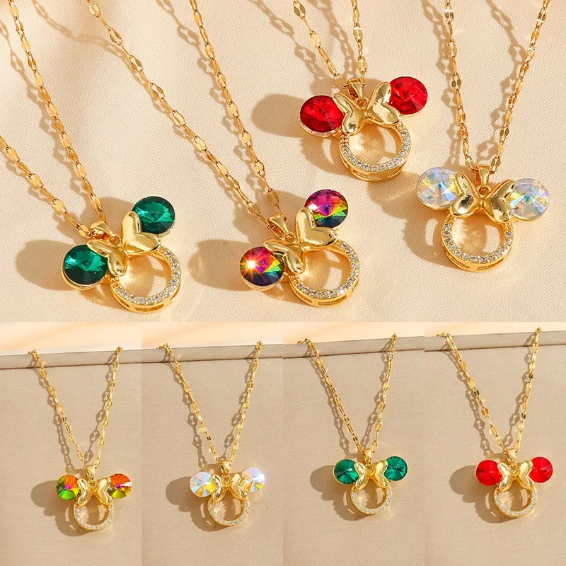

Disney Minnie Mouse Necklace Women Crystal Pendant Fashion Jewelry Girls Luxury Anime Decoration Simple Necklace Pendant Gift