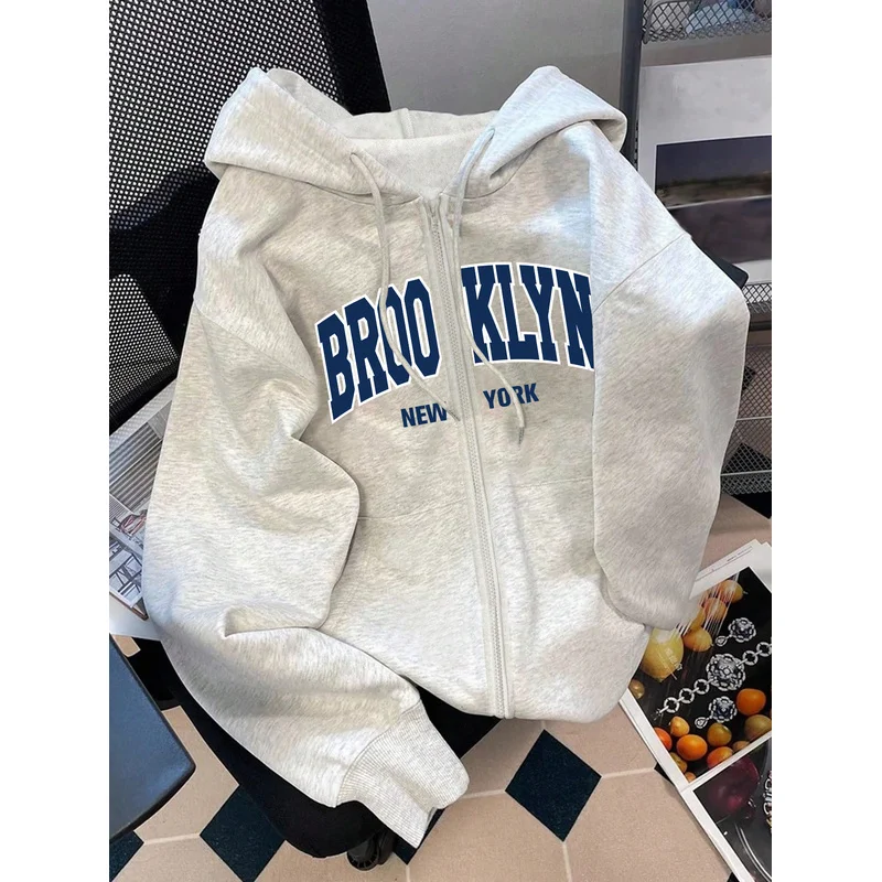 Brooklyn Letter Print Zipper Women'S Sweatshirt Warm Lining Sweatshirt Long Sleeve Hooded Top