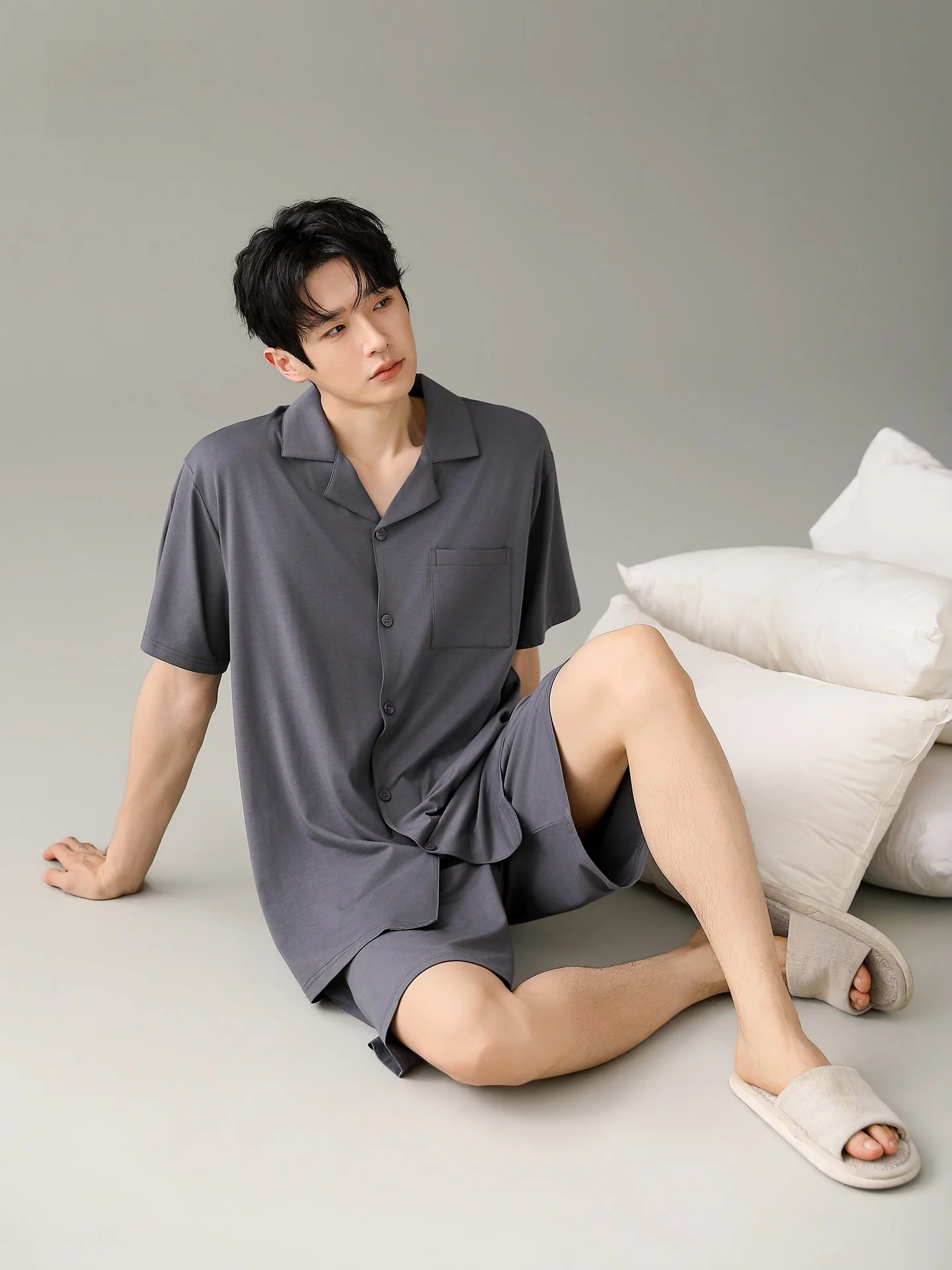 cool-sensation-modal-sleepwear-men's-summer-short-sleeve-open-cardigan-ice-silk-thin-pure-color-simple-home-clothes