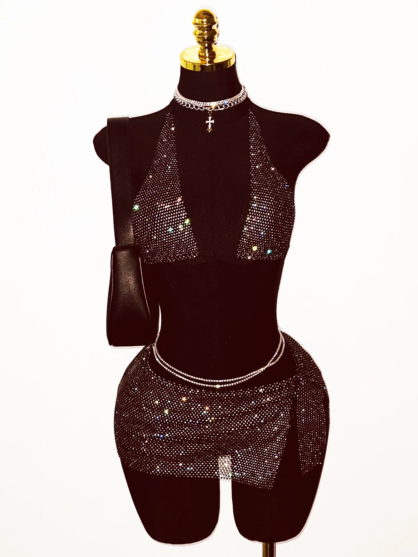 Sexy Rhinestone Halter Bikini Top And Wrap Mini Skirt Set Women Sparkle Crystal Mesh Party Club Rave Outfit Festival Wear view 5