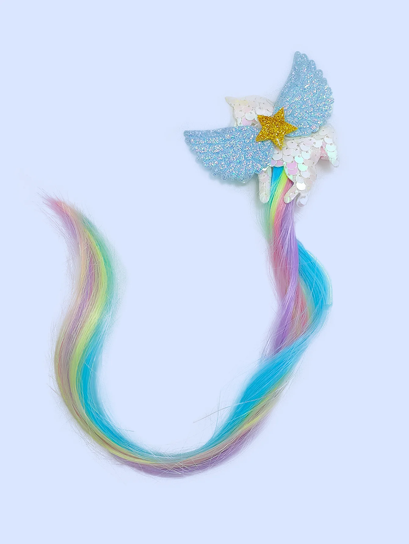 

Girls cute and sweet blue winged unicorn hair clip with colorful strands can be braided, suitable for all occasions