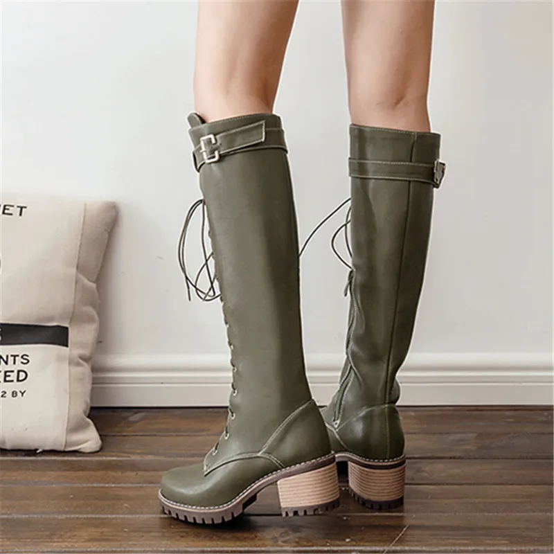 2024 Hot Sale Spring Autumn Lacing Knee High Boots Women Fashion Square Heel Belt Buckle Ladies Leather Shoes Winter Size 34-44