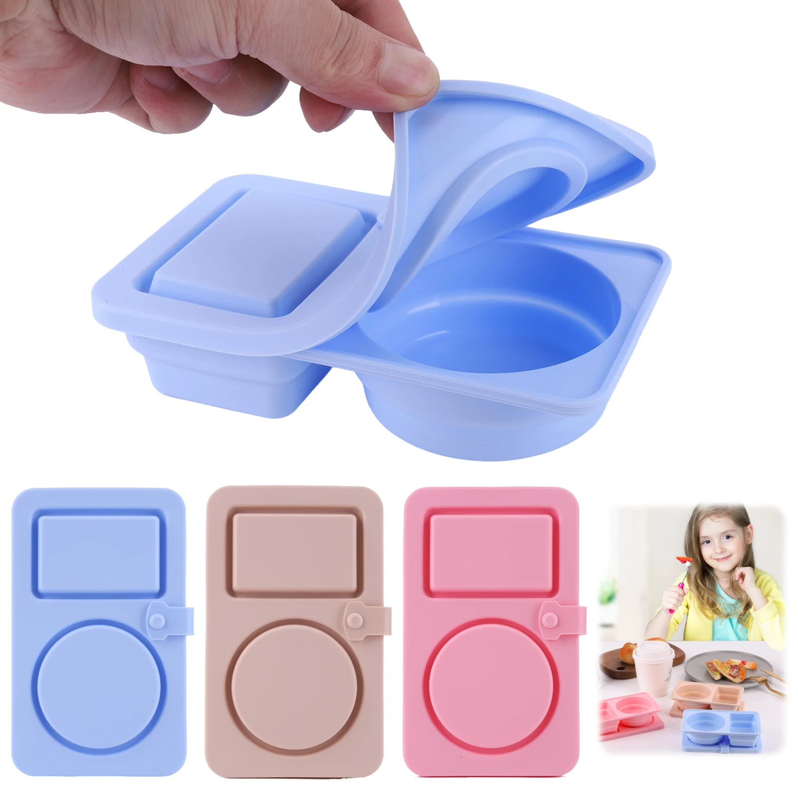 

3Pcs 2 Compartment Silicone Snack Containers Multi-Function Mini Food Snack Box Food Storage Containers for Travel Office Picnic