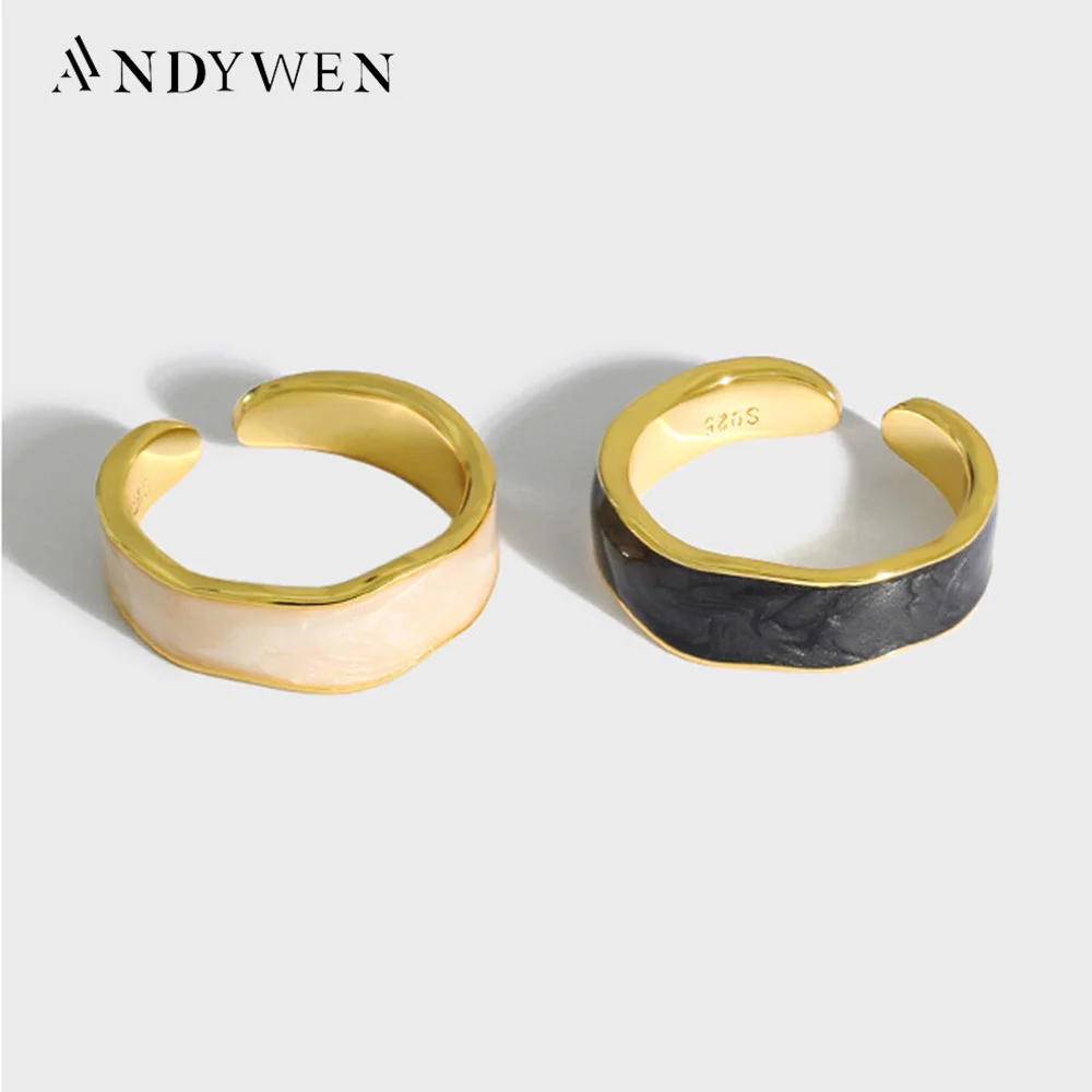 ANDYWEN 925 Sterling Silver 2020 Gold Enamel White Black Enamel Resizable Rings Women Fashion Crystal Fine Jewelry Wedding Party