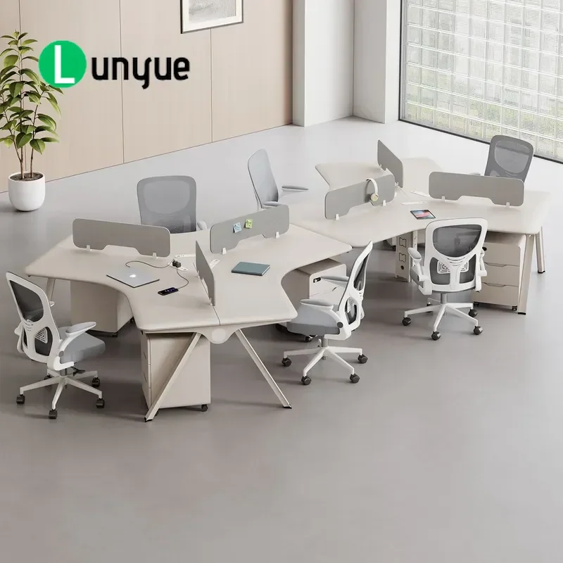 Modern 6 Person Office Desk with Partition Screen Simple Computer Workstation Table and Chair Combination for Staff Workspace