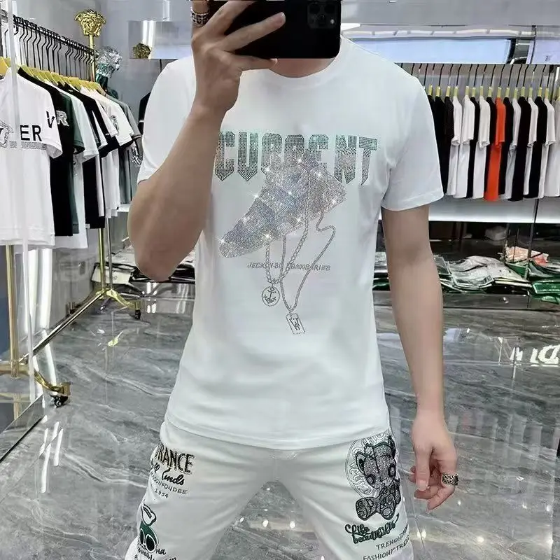 New Summer Men's Short Sleeve T-Shirt Top Trendy Bright Diamond Tops Slim Fit Casual Round Neck Versatile Clothes Base Shirt
