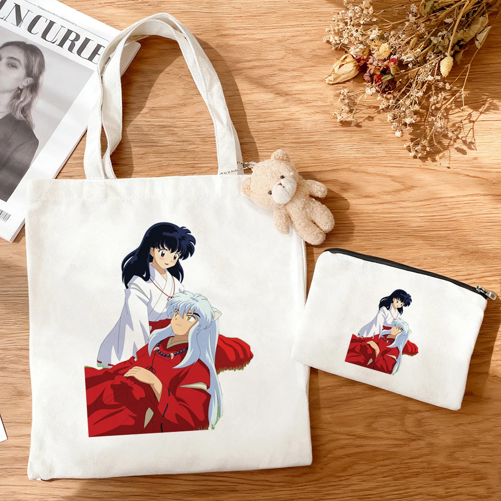 3pcs/set Inuyasha Canvas Tote Bag Anime Couple Character Print Eco Cotton Reusable Shopping Bag Otaku Daily Shoulder Handbag view 4