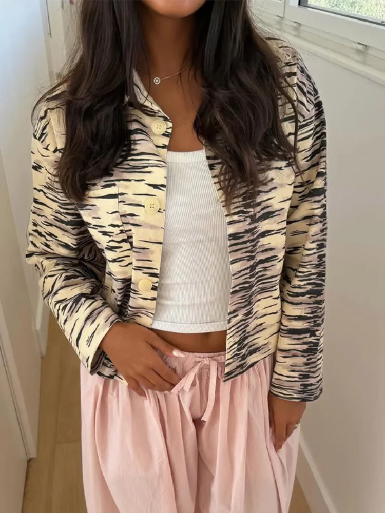 Womens Tiger Print Cropped Jacket Long Sleeve Button Down Collared Pockets Coat Autumn Winter Daily Streetwear Party Clubwear