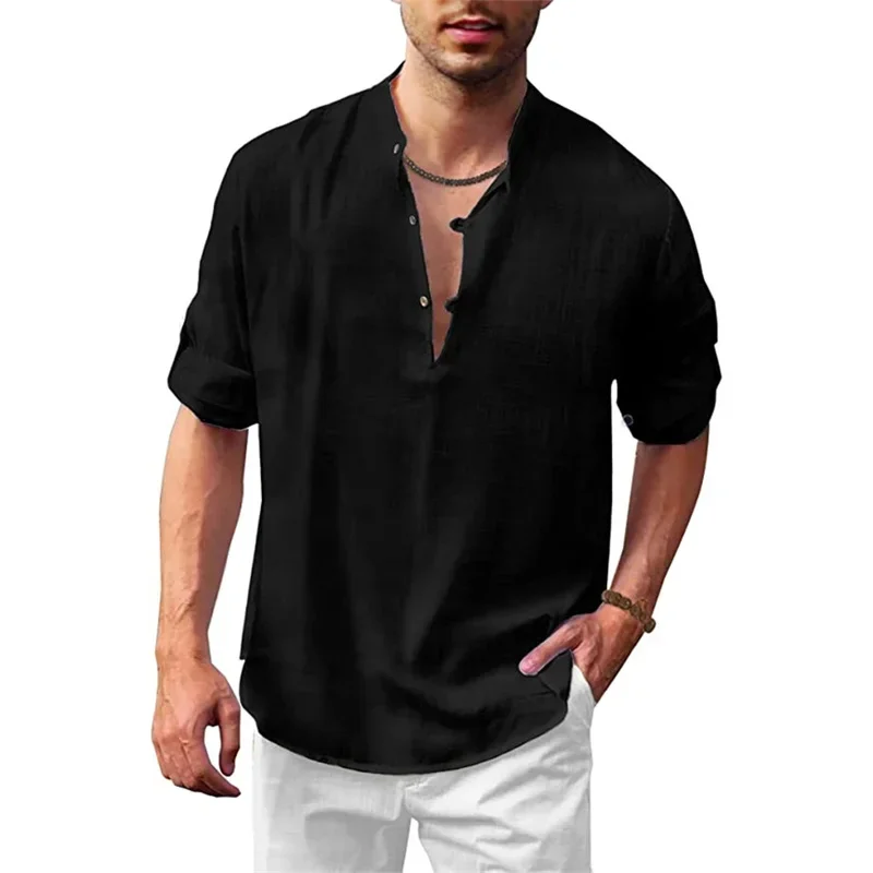 Men V Neck Button Splicing Pullover Shirt Simple Style Solid Color Cotton Linen Blouse Male Beach Casual Long Sleeves Loose Tops