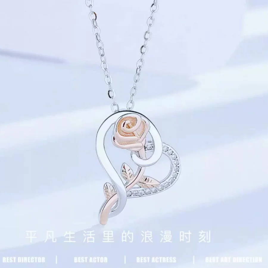 

S925 Sterling Silver Necklace with Heart-Shaped Rose and Zirconia Fashion Pendant European & American Cross-Border Jewelry