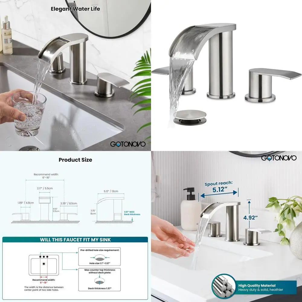 مجموعة 8 صنابير حوض الحمام واسعة الانتشار مع 3 فتحات ومقابض وصرف منبثق وخطوط مائية من النيكل المصقول