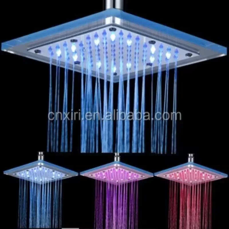 Rainfall Water Temperature Changing 3 Color LED Shower Head square PMMA Top Spray Shower No Need Battery LS-01