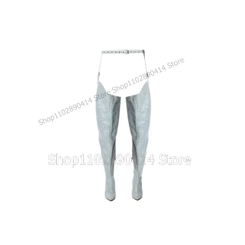 Luz azul giltter cinto decoração botas coxa alta sapatos femininos finos saltos altos apontou toe moda sexy 2023 zapatos para mujere