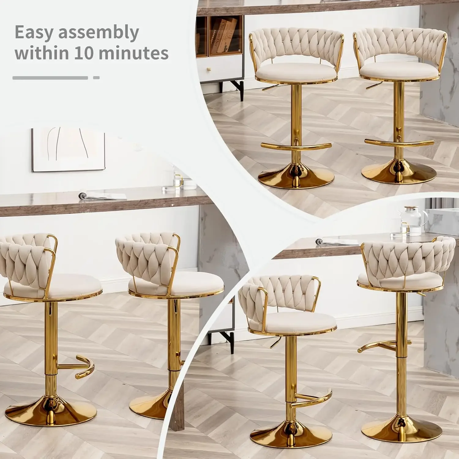 Gold Bar Stools Set of 4, Counter Height Bar Stools with Low Back, Velvet Adjustable Height Barstools, 360° Swivel Bar Stools