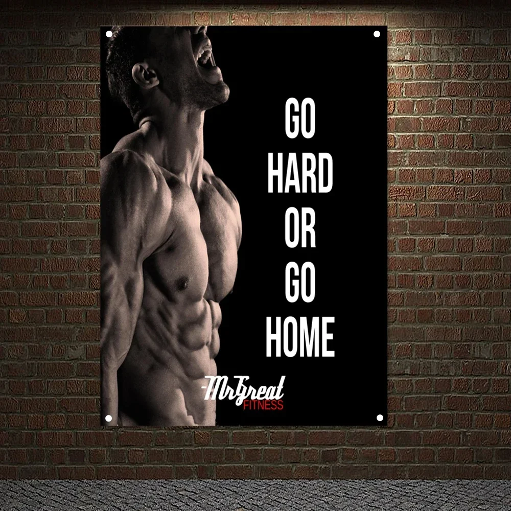 GO HARD OR GO HOME Exercise Banners Flags Wall Art Man Muscular Body Poster Workout Hanging Cloth Canvas Painting Home Decor