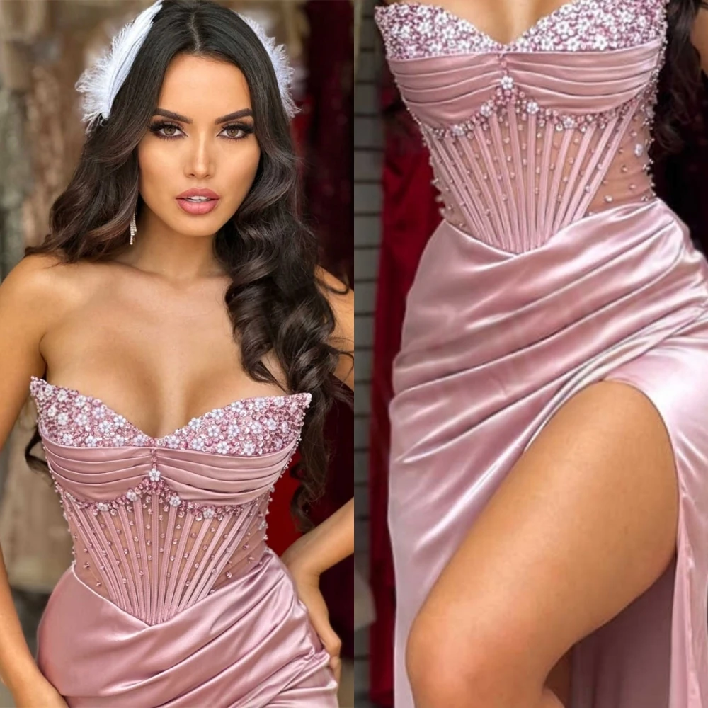 

Нежное розовое атласное вечернее платье по индивидуальному заказу, элегантное изящное коктейльное платье без бретелек без рукавов, платья знаменитостей высокого качества