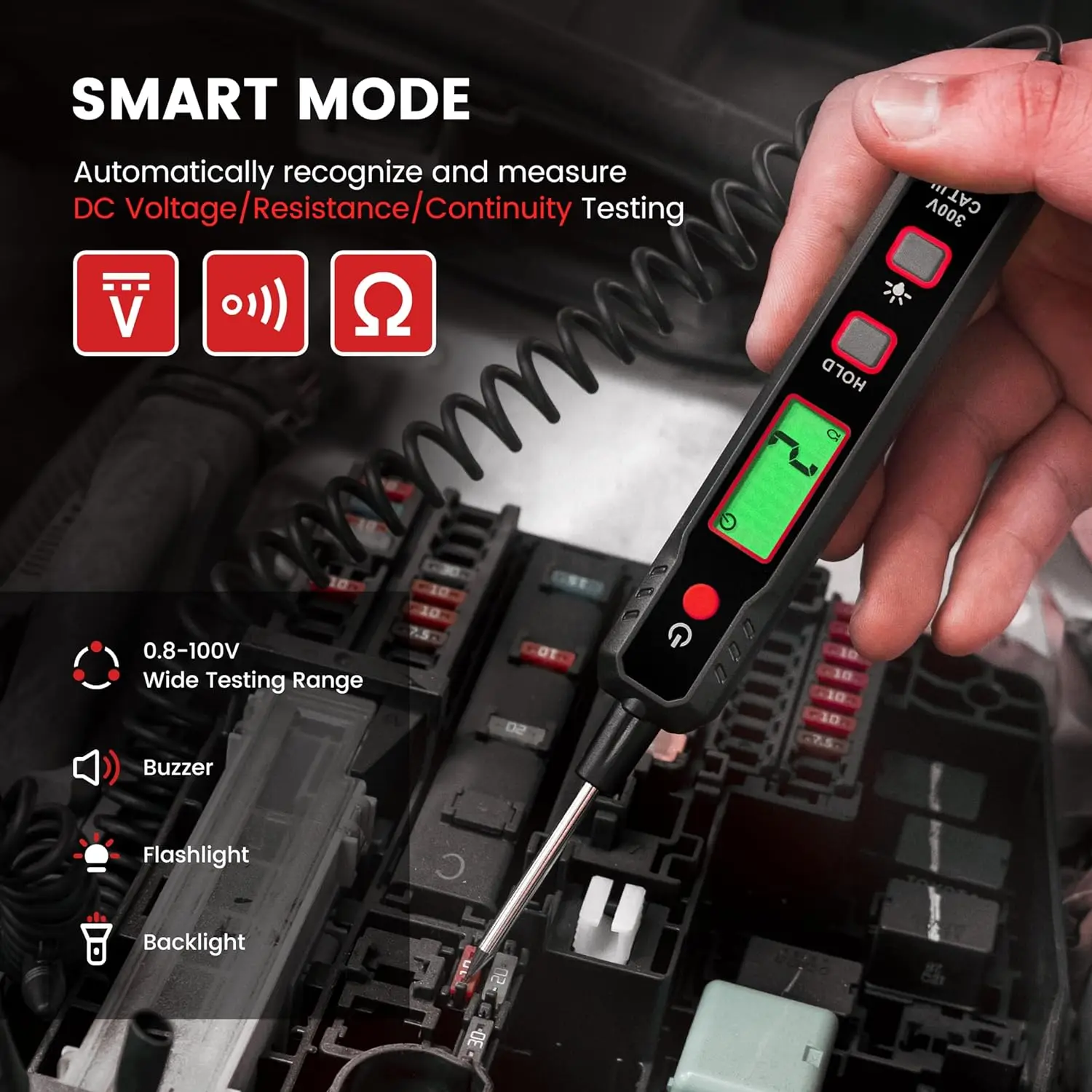 Car Smart Circuit Tester 0.8V-100V DC Voltage Digital Tester with Backlight Tester with Flashlight Measures Polarity Continuity