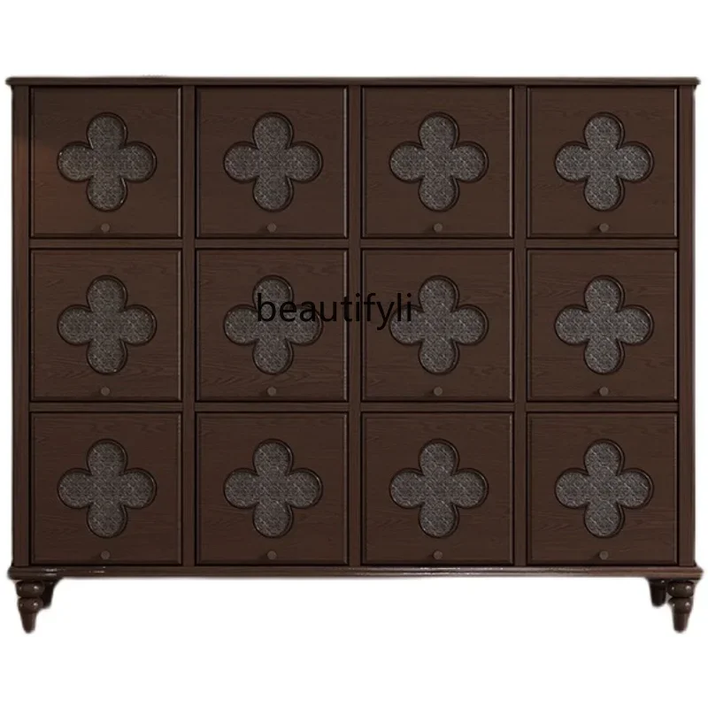 

HFrench retro solid wood medieval storage chest living room simple small apartment 12-grid storage cabinet glass