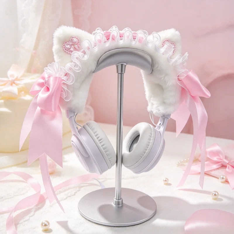Plush Cat Ears Headphone Headband Cover Lace Ruffle Bow Ribbon Decor Headset Top Protector, Gaming Headphones Accessory Diy
