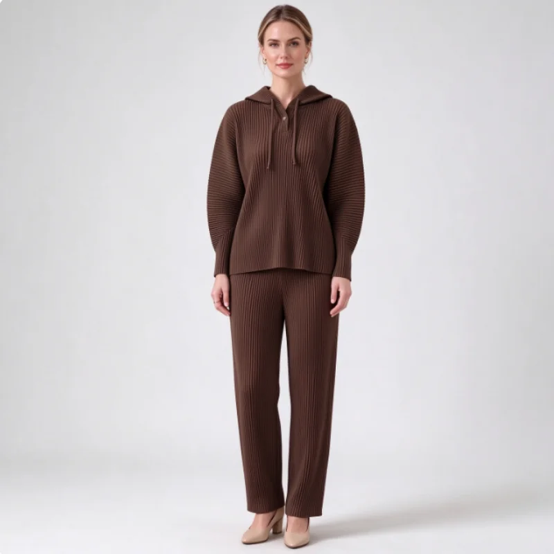 Miyake Women Brown Vertical Pleated Hooded Top, Long Sleeve Loose Hoodie, Casual Textured Blouse