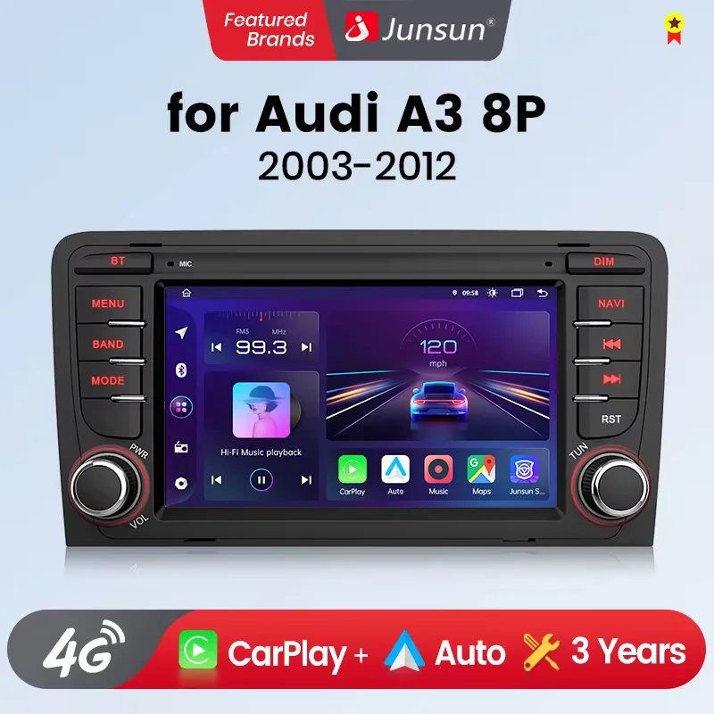 Junsun 7" Wireless CarPlay for Apple Android Auto Car Radio for Audi A3 8P S3 RS3 2003-2012 GPS Stereo Multimedia 4G 8core RDS