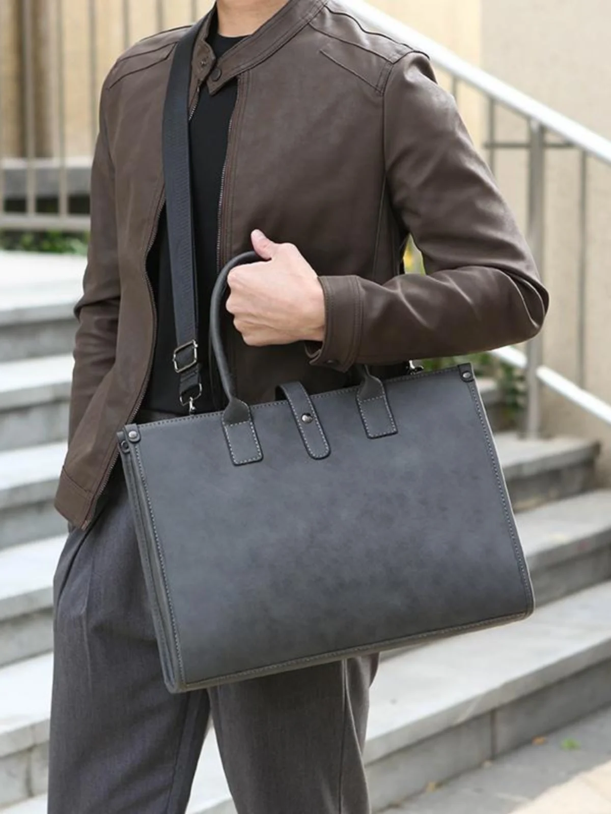 

Large Capaci Simple Tote Bag oulder Handheld Laptop Document Bag Busin Bag for Men PU Leather Zipper Closure Pure Color