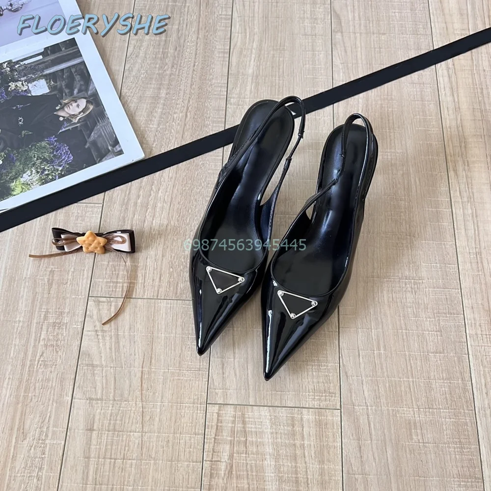 Sandal wanita Slingback seksi kulit paten dekorasi logam hak pendek padat hitam merah 2024 musim gugur kantor dangkal wanita