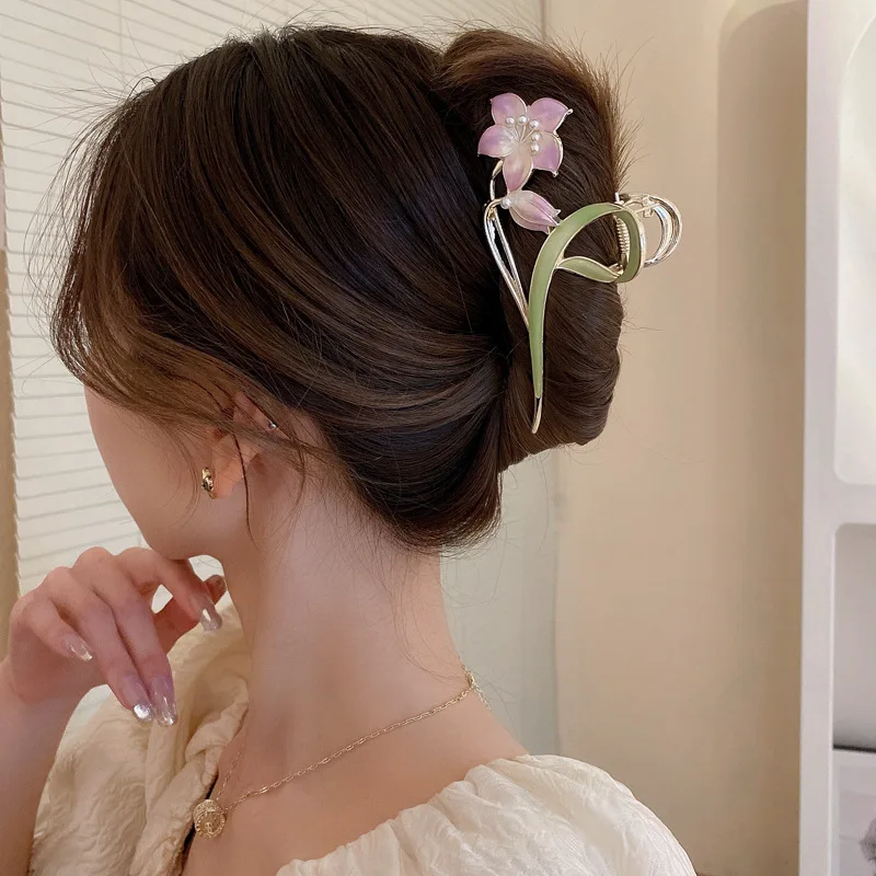 Women Fashion Metal Flower Hair Claw Elegant Lily Shark Hair Clips Girls Sweet Geometric Ponytail Headwear Hair Accessories