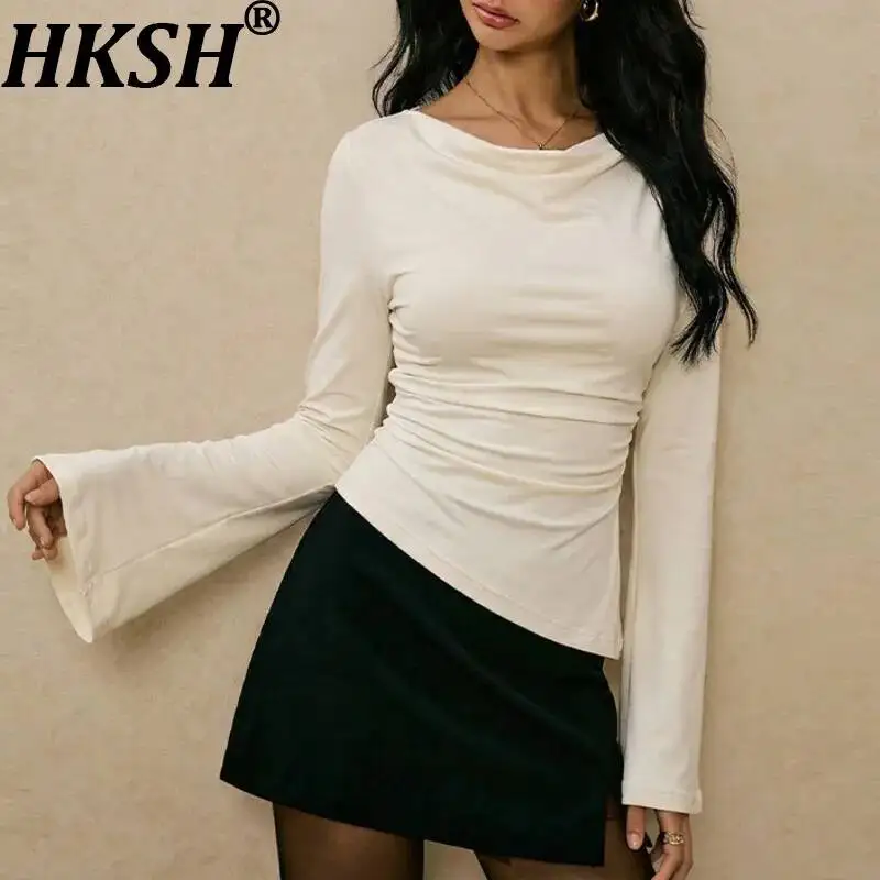 HKSH Women Long Sleeves T-shirt Elegant Solid Color Asymmetrical O-Neck Casual Slim Stretch Base Shirt New Spring Autumn HK24186