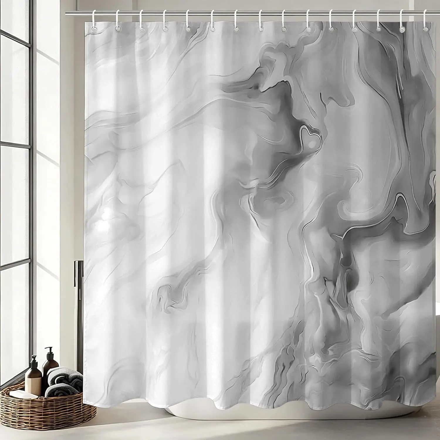 

Gray White Marble Pattern Shower Curtain, Abstract Fluid Art Waterproof Fabric Bath Curtain, Modern Luxury Bathroom Decor with
