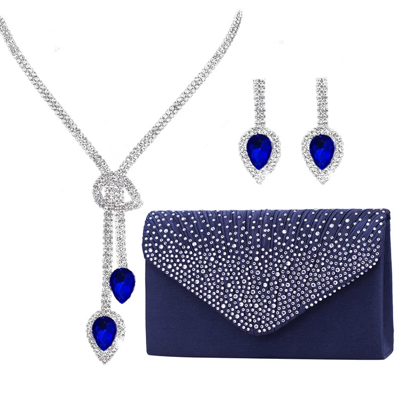 Women's Satin Evening Bag Elegant Rhinestone Beading Pleated Clutch Purse Red Three-piece Bride Jewelry and Bag Set sacs à main