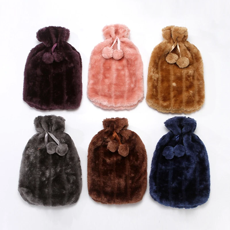 1pc 2L Hot Water Bottle Covers Only Warm Winter Natural Faux Fur Fluffy Pompom Cover Large 2L Hot Water Bottle Bag Warm Portable