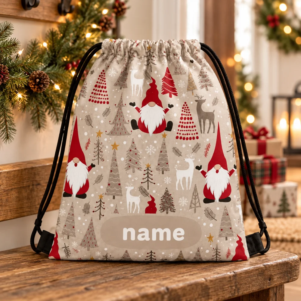 1Pc Christmas Custom Name/Text Drawstring Closure Backpack, Christmas Tree Elk Design Gift Storage Pouch, Xmas Party Candy Bag